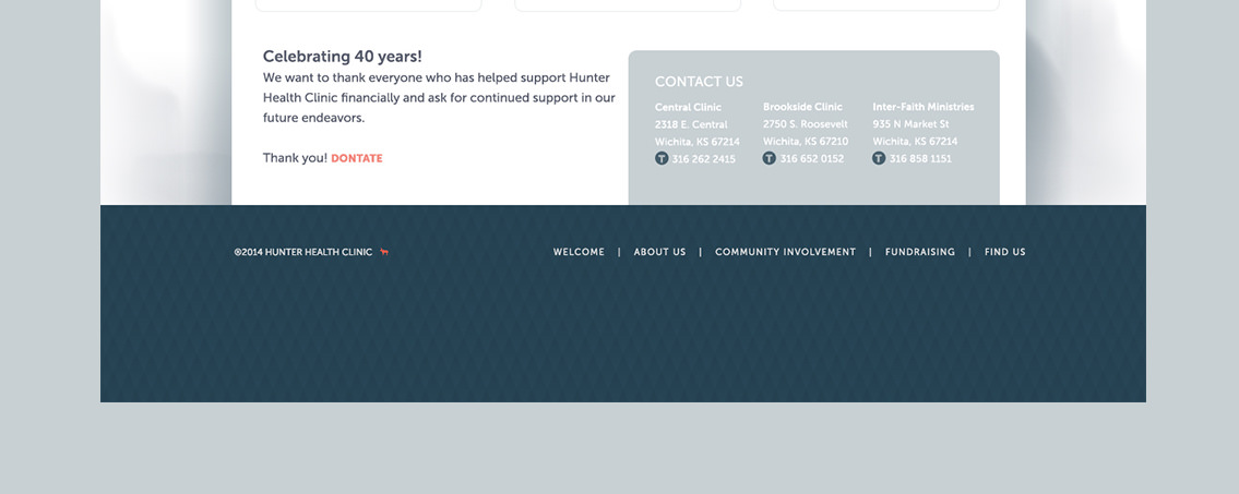 View of Hunter Health Clinic's Contact section and footer, designed by Entermotion, a Wichita web-design studio.
