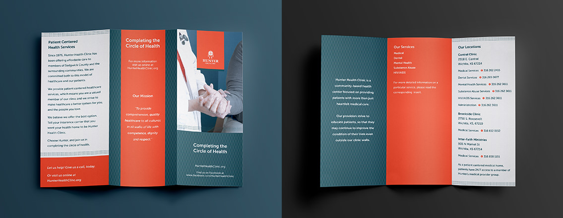 View of Hunter Health Clinic's brochure design, designed by Entermotion, a Wichita web-design studio.