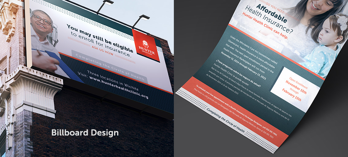 View of Hunter Health Clinic's billboard and flyer design, designed by Entermotion, a Wichita web-design studio.