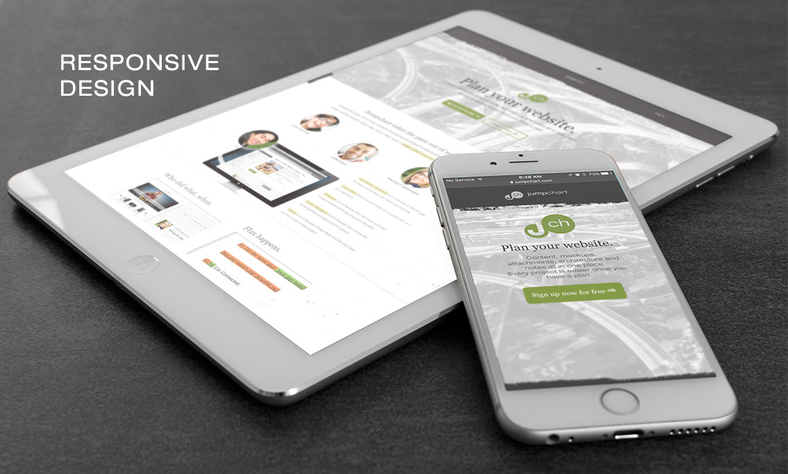Close view of Jumpchart's responsive design on cell phone and tablet.