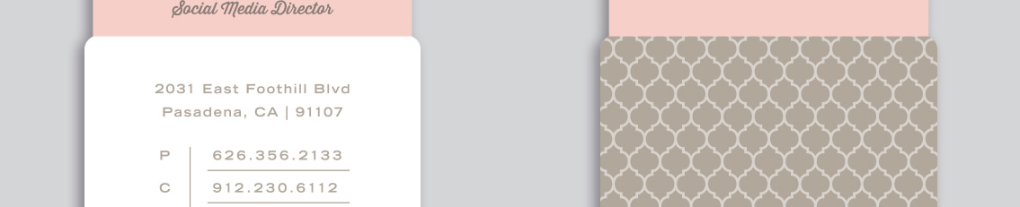 Close up of Layla Grayce’s address and phone number on white business card next to patterned business card back.