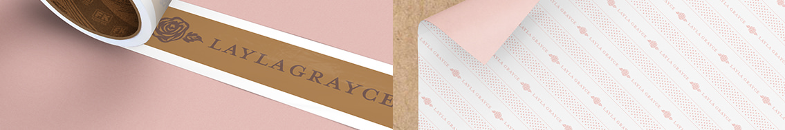 Brown tape design with Layla Grayce text and black rose next to pink tissue paper design.