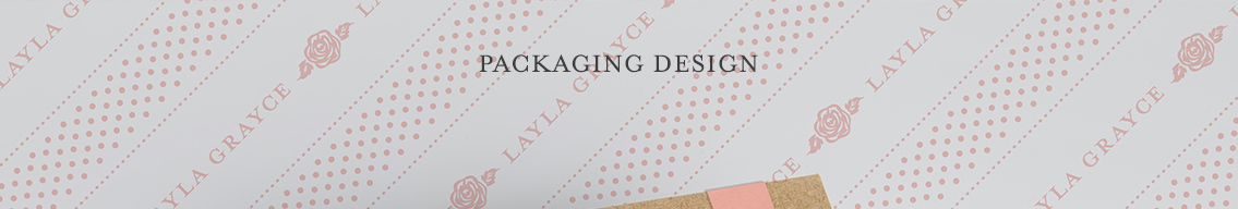 Packaging design text on top of pink Layla Grayce packaging design.