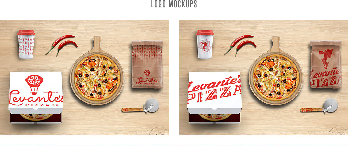 Logo mockup for Levante's Pizza, with pizza, pepper, pizza cutter, Levante's Pizza bag.