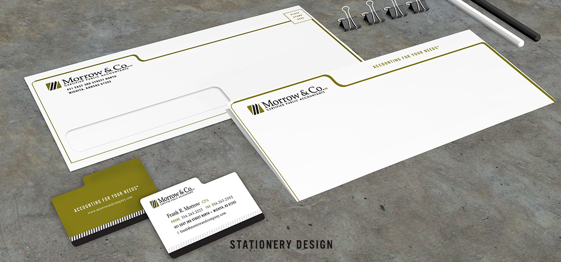 View of Morrow & Co's stationery design, designed by Entermotion, a Wichita web-design studio.