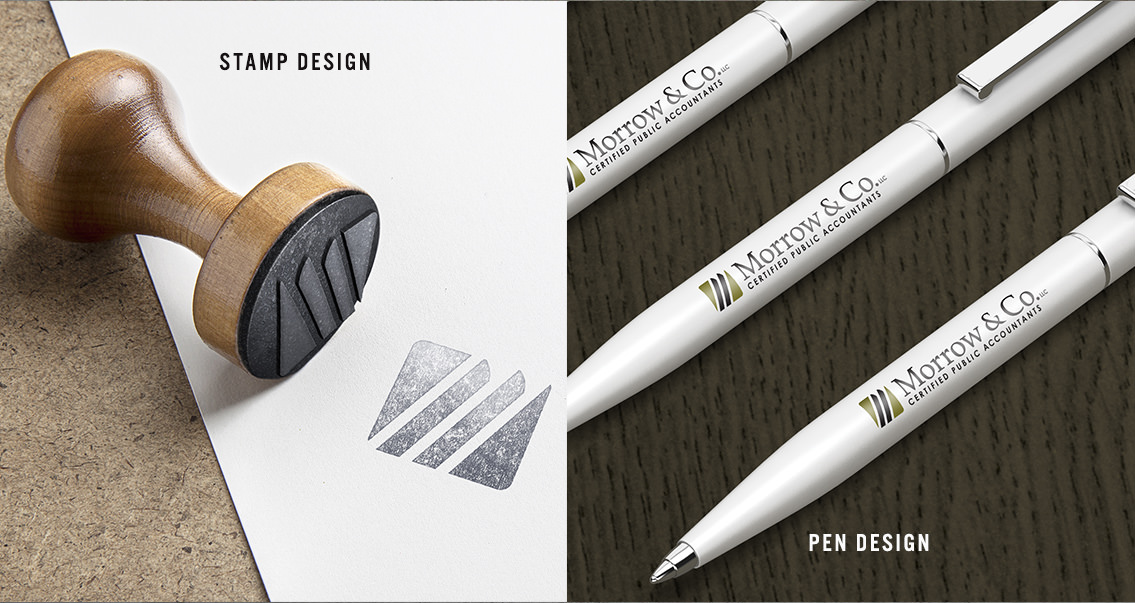 View of Morrow & Co's stamped logo and pen design, designed by Entermotion, a Wichita web-design studio.