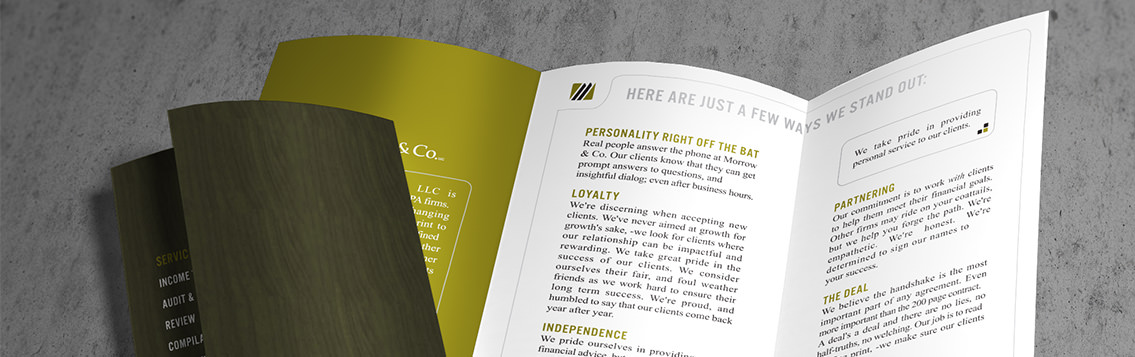 Close-up of Morrow & Co's brochure design, designed by Entermotion, a Wichita web-design studio.