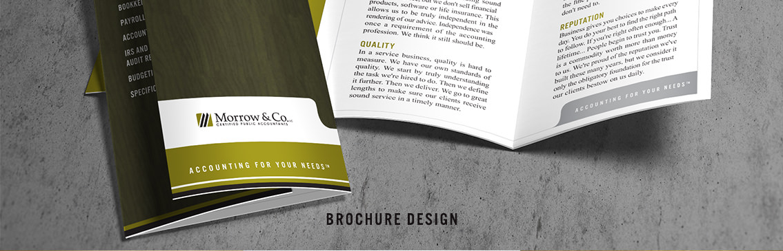 Close-up of Morrow & Co's brochure design, designed by Entermotion, a Wichita web-design studio.