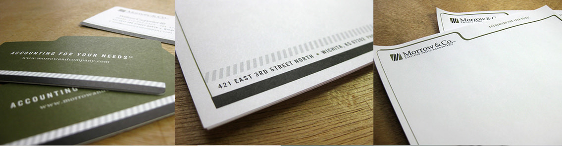 View of Morrow & Co's business card and stationery design, designed by Entermotion, a Wichita web-design studio.