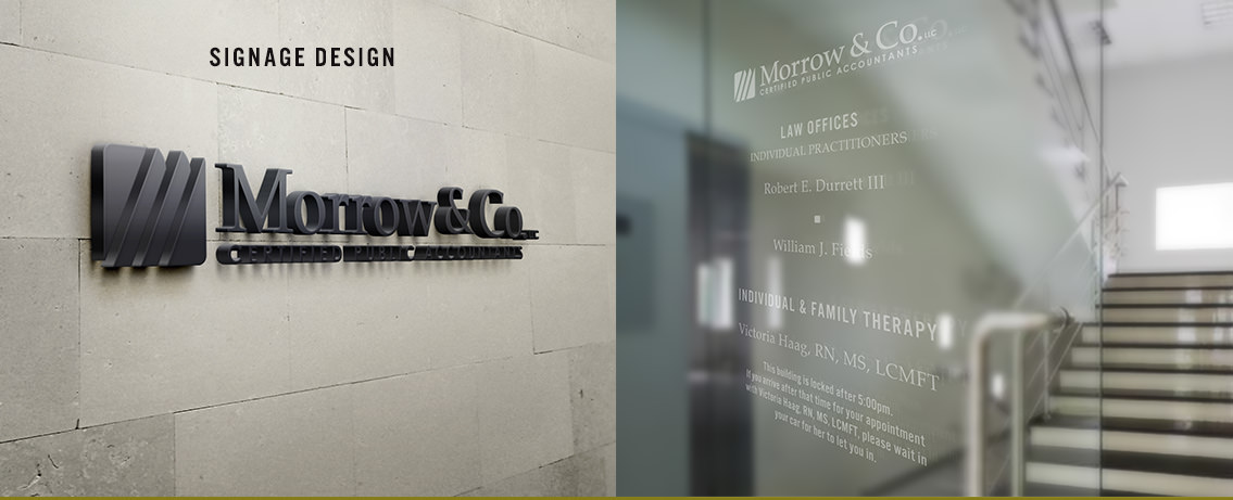 View of Morrow & Co's logo signage, designed by Entermotion, a Wichita web-design studio.