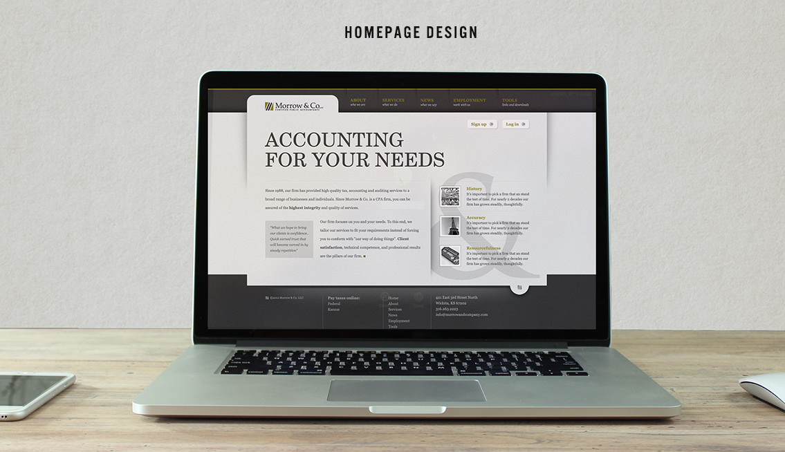View of Morrow & Co's website design on laptop, designed by Entermotion, a Wichita web-design studio.