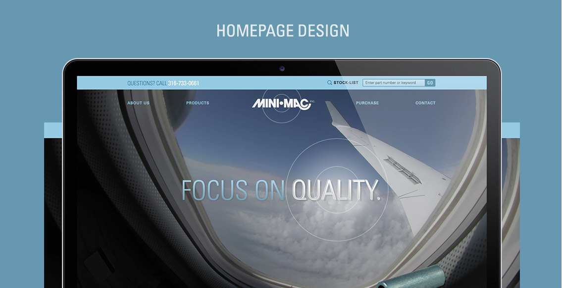 Close-up of Mini-Mac's homepage design, featuring an aircraft in flight.