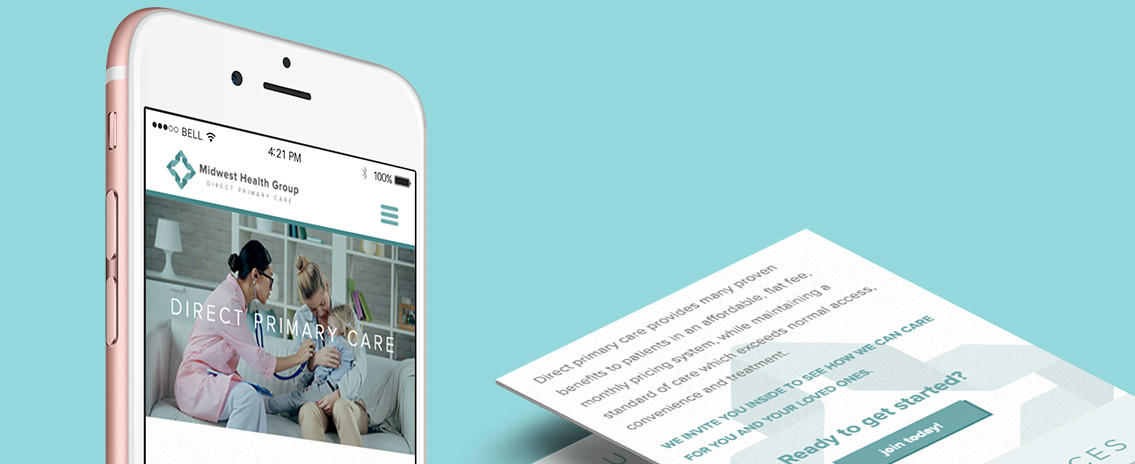 Close view of Midwest Health Group's website, designed by Entermotion web design studio in Kansas.