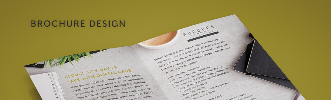 Close-up of Nordhus Dentistry brochure featuring design and brochure text.