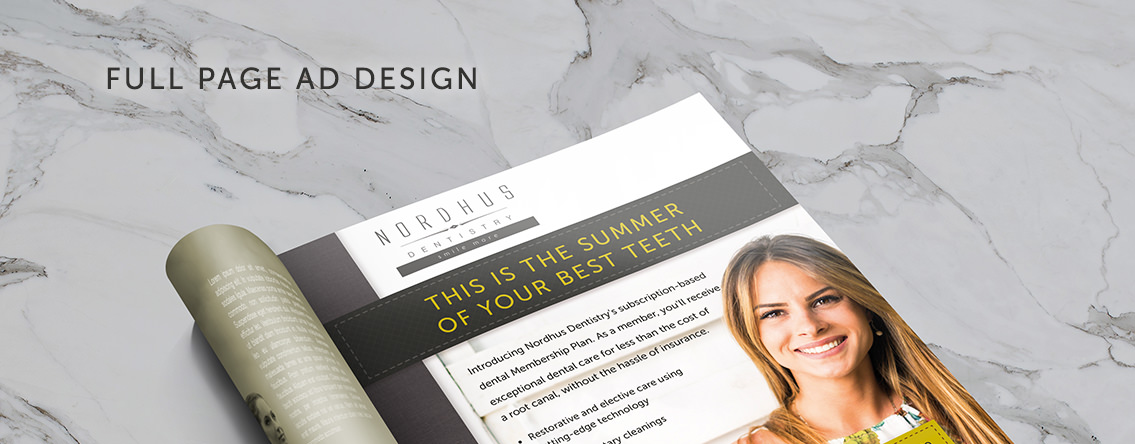 Nordhus Dentistry ad featuring woman smiling in flower printed dress.