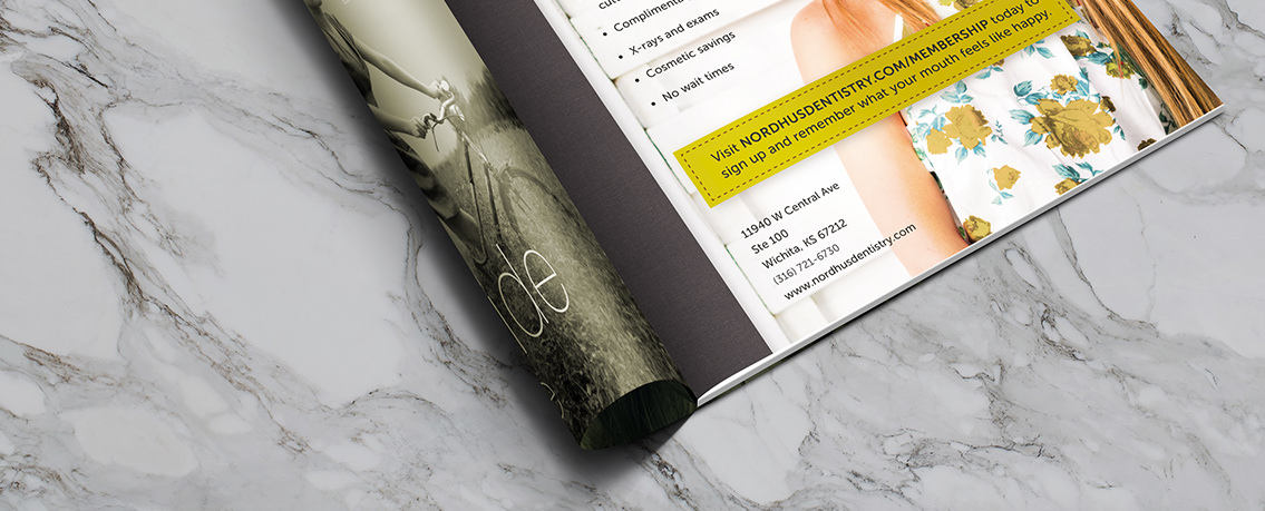 Nordhus Dentistry ad featuring smiling woman in white bathing suit.