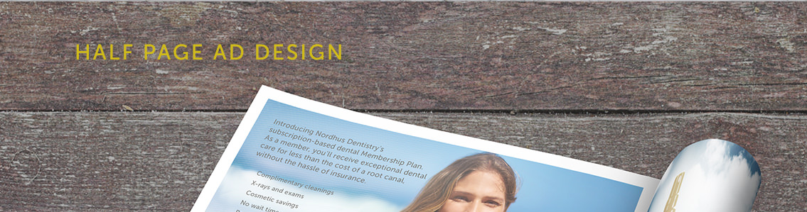 Close-up of ad for Nordhus Dentistry, featuring smiling woman in bathing suit.