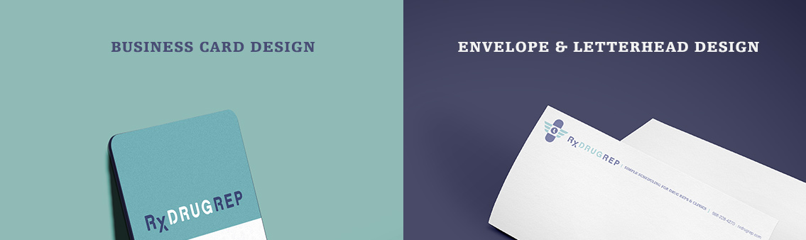 View of RxDrugRep's business card, letterhead, and envelope design, designed by Entermotion, a Wichita web-design studio.