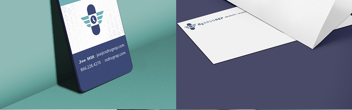 View of RxDrugRep's business card and envelope design, designed by Entermotion, a Wichita web-design studio.