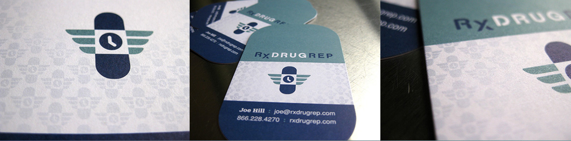 View of RxDrugRep's business card design, designed by Entermotion, a Wichita web-design studio.
