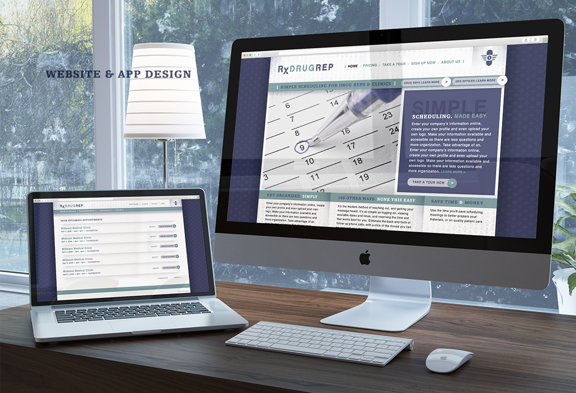 View of RxDrugRep's website and app design on desktop and laptop, designed by Entermotion, a Wichita web-design studio.