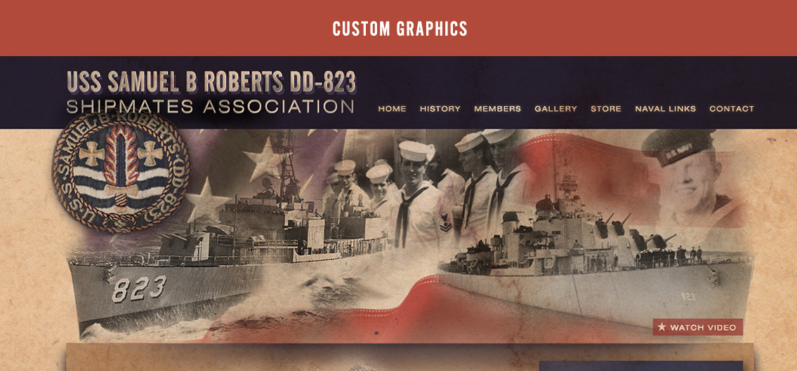 Custom graphic for SBR, featuring vintage photos of men in Navy uniforms in front of ships.