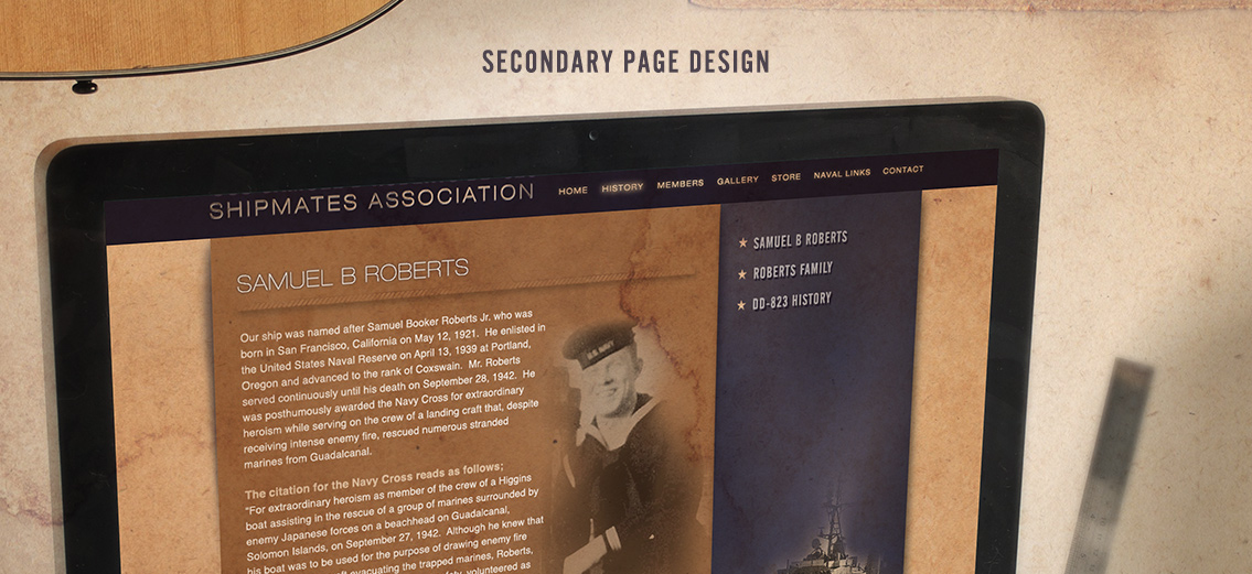 Close-up of SBR secondary page design, featuring man in vintage navy photo.