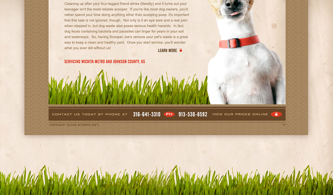 Close-up of Scooper Joe's homepage, featuring smiling puppy.
