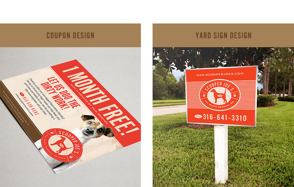 Close-up of coupon design for Scooper Joe's, featuring puppy and close-up of yard sign design, featuring Scooper Joe's logo.
