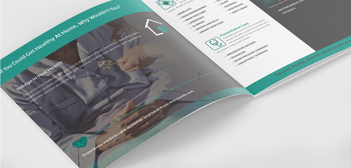 Doctor placing stethoscope on patient in SmartMed brochure.