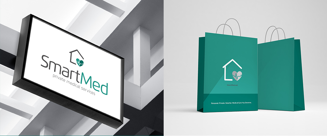 SmartMed outdoor signage and bag design featuring SmartMed's logo.