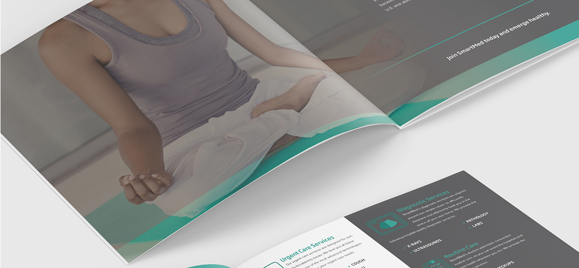 Woman sitting in yoga meditation pose on SmartMed's brochure.