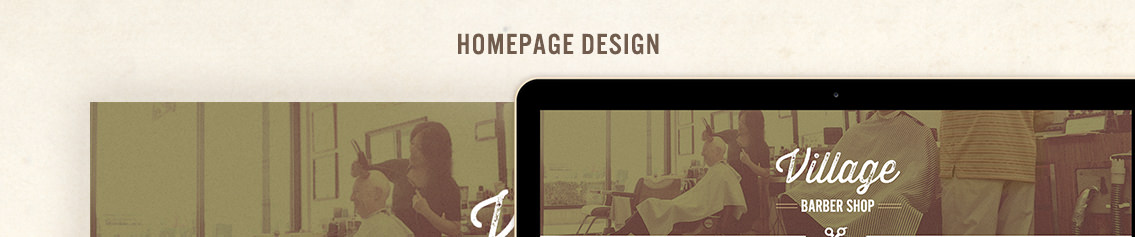 Close up of homepage design for Village Baber Shop, featuring woman brushing man’s hair.