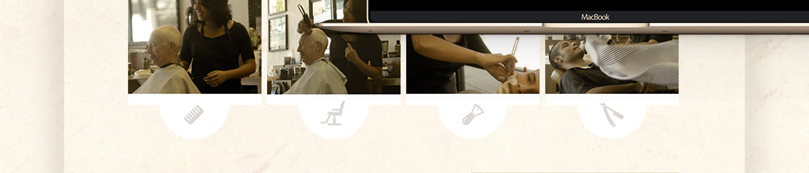 Close up of Village Barber Shop’s website, featuring seated men getting their hair cut and brushed.