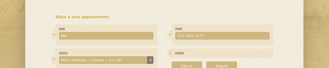 Close up of new appointment scheduling option for Village Barber Shop’s scheduling app.