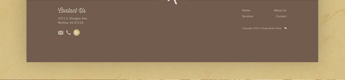 Detail from footer of Village Barber Shop’s scheduling app, developed by EM Design Studio in Wichita, Kansas.