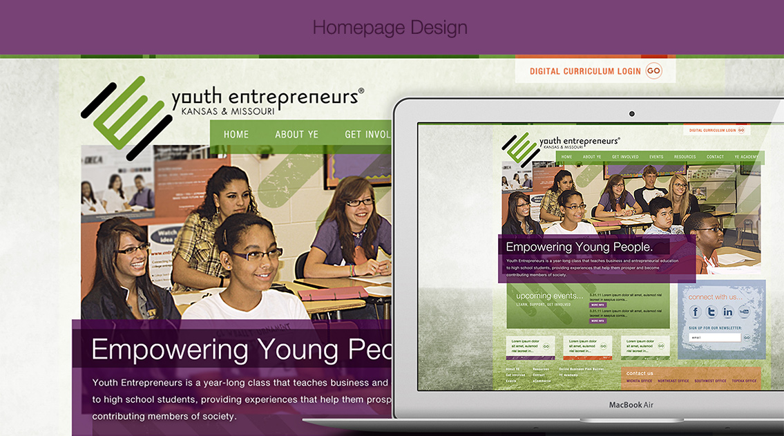 Close-up of YE's home page design and text.